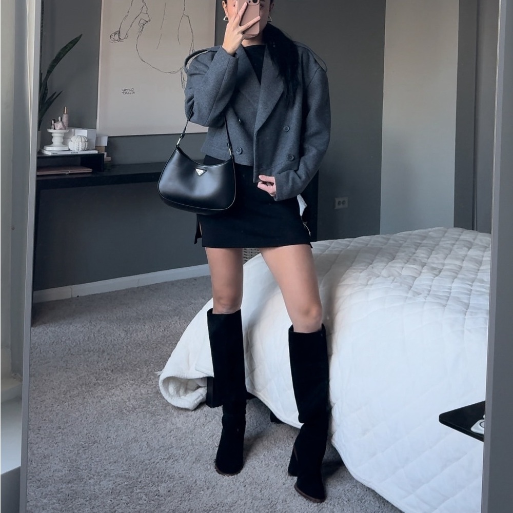 Vince Camuto black suede leather knee high block heel boots